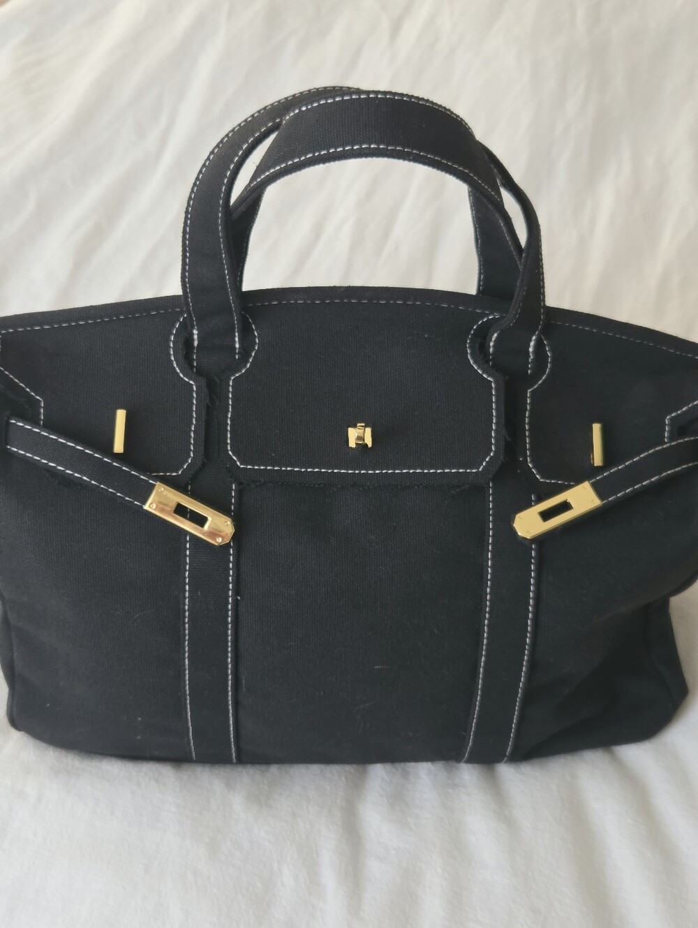 Black Canvas Boatkin Tote With White Stitching And Gold Hardware - Picture 5 of 16